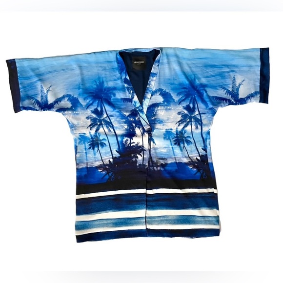 Le Superbe Palm Printed Kimono Robe Jacket Ocean Blue One Size - Picture 2 of 9